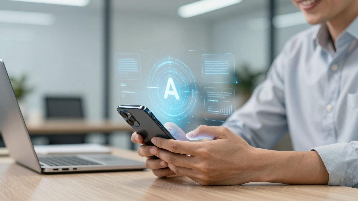 Person using AI phone receptionist on smartphone.