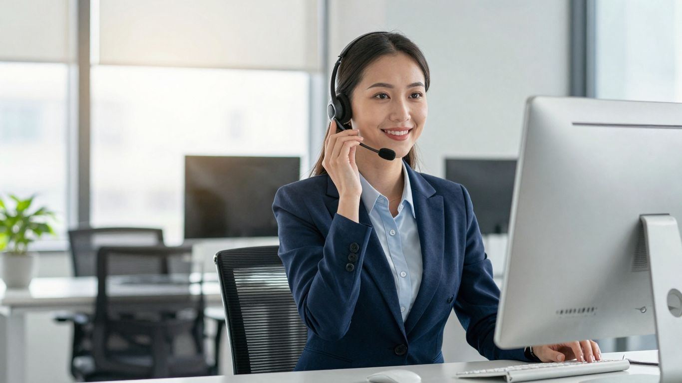 Businesswoman with headset in modern office