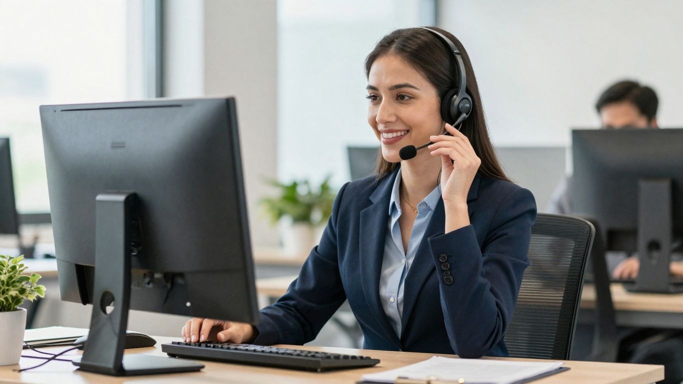 Businesswoman with headset, efficient office background.