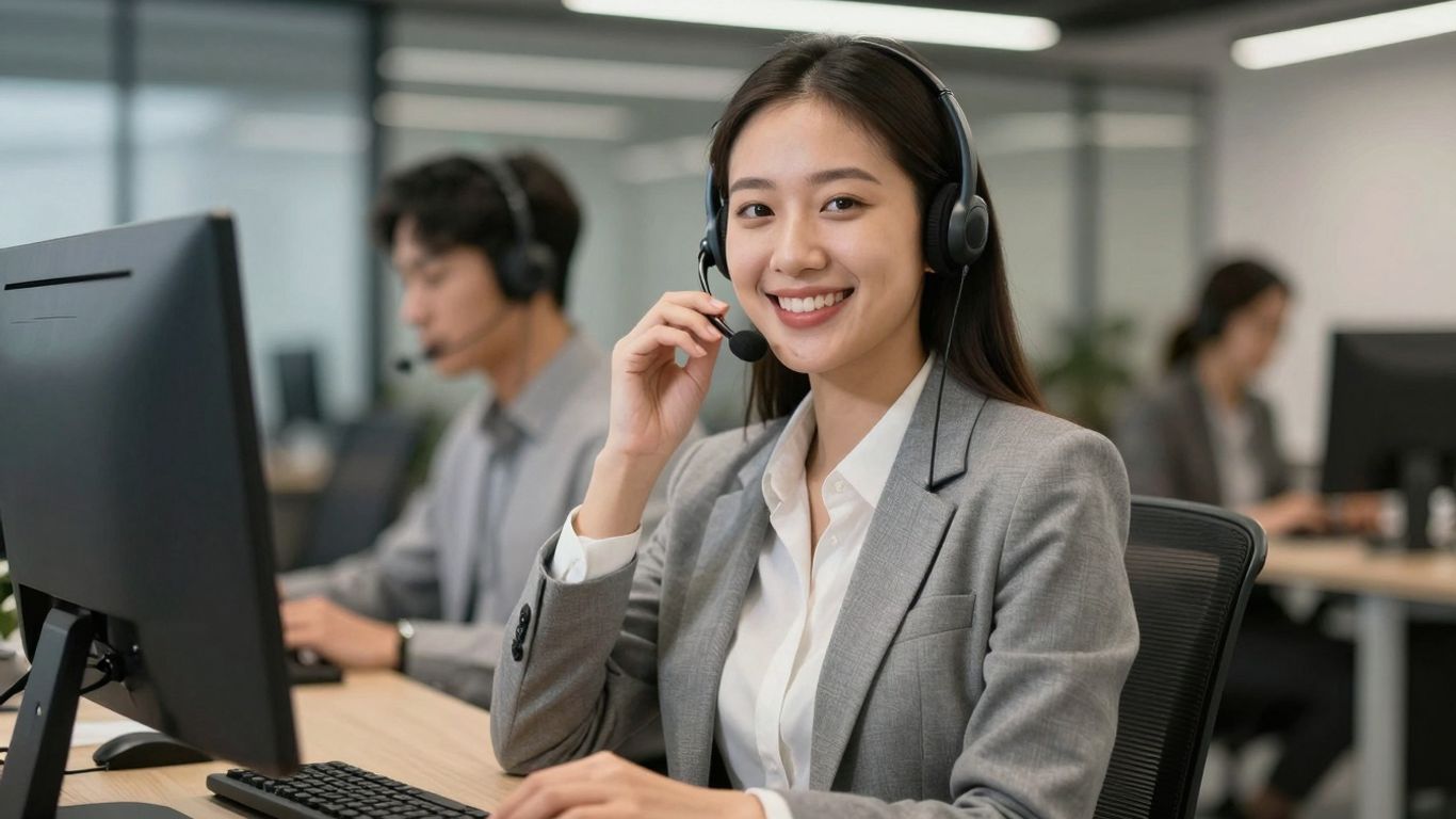 Virtual receptionist assisting a customer with a headset.
