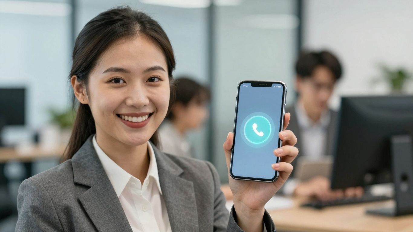 Businessperson with smartphone, virtual receptionist system