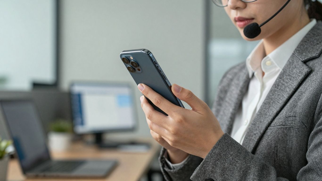Business person using a smartphone for virtual receptionist services.