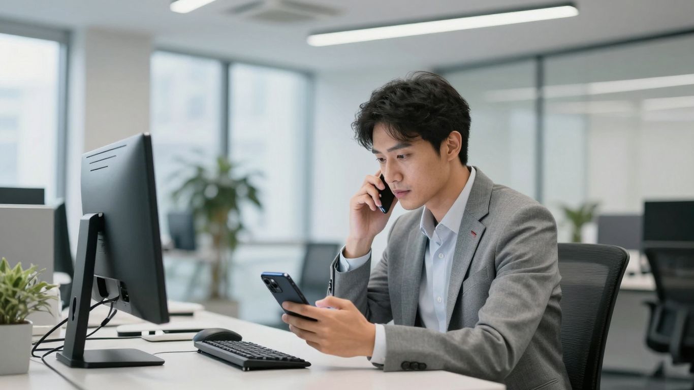 Business person using a virtual receptionist phone system.