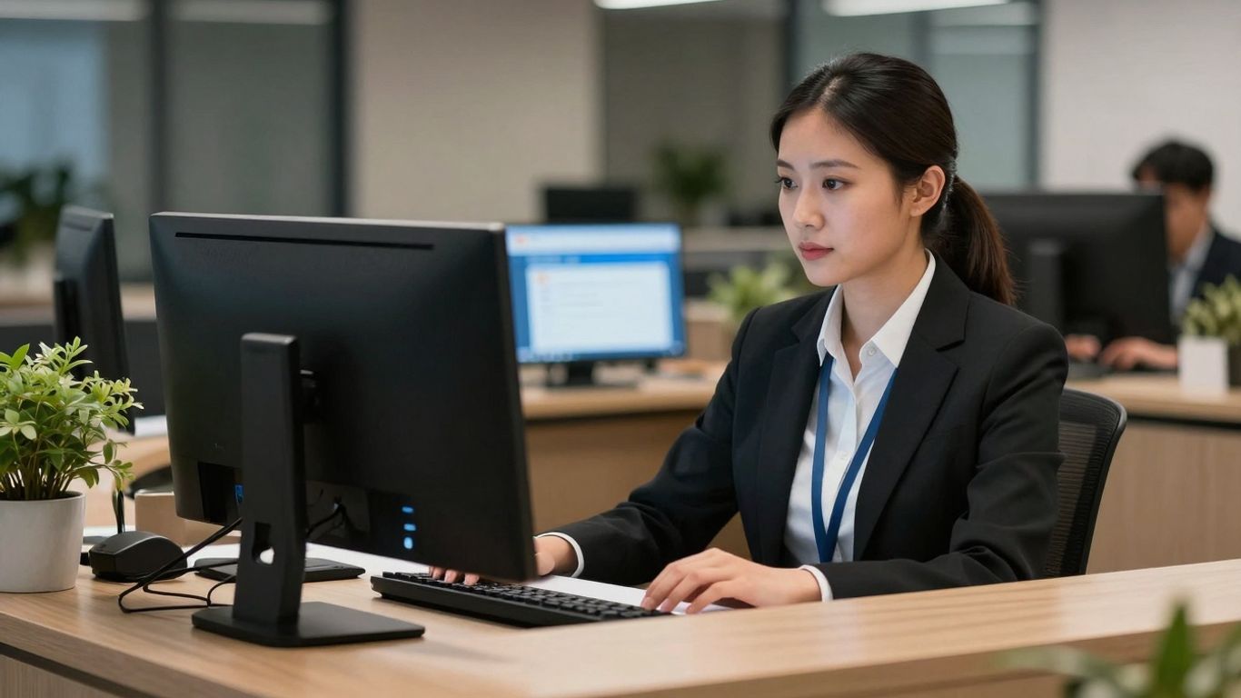 Microsoft Teams phone receptionist setup at a modern desk.