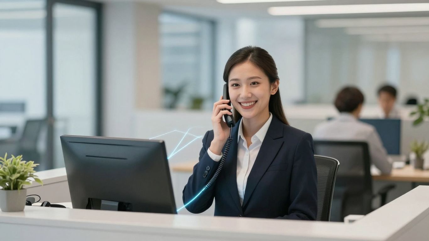 Professional receptionist using advanced phone system in modern office.