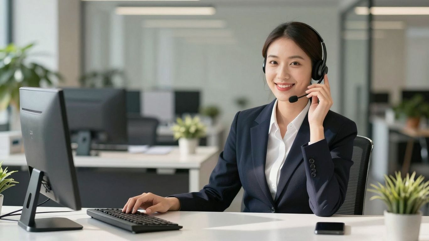 Professional receptionist at desk with headset.