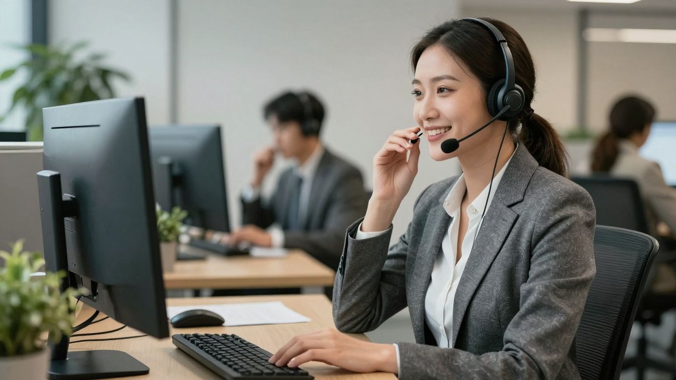 Professional woman wearing a headset in an office.