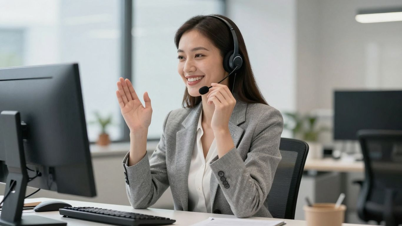 Professional receptionist speaking on a headset in an office.