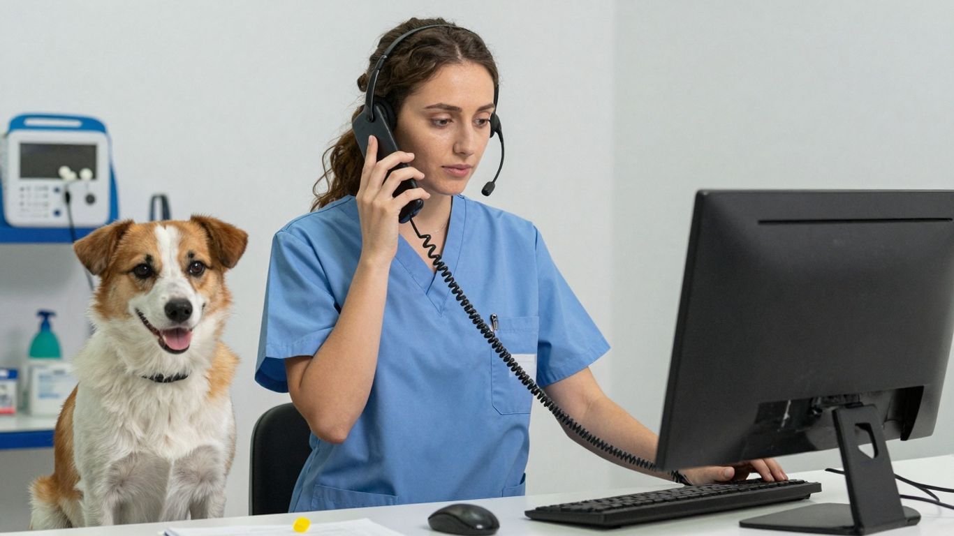 Veterinary receptionist talking on phone with a dog.