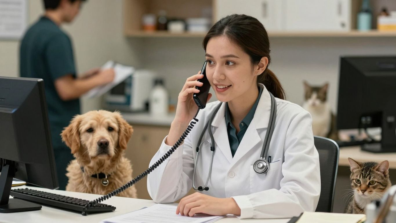 Veterinary receptionist on phone with pets nearby.