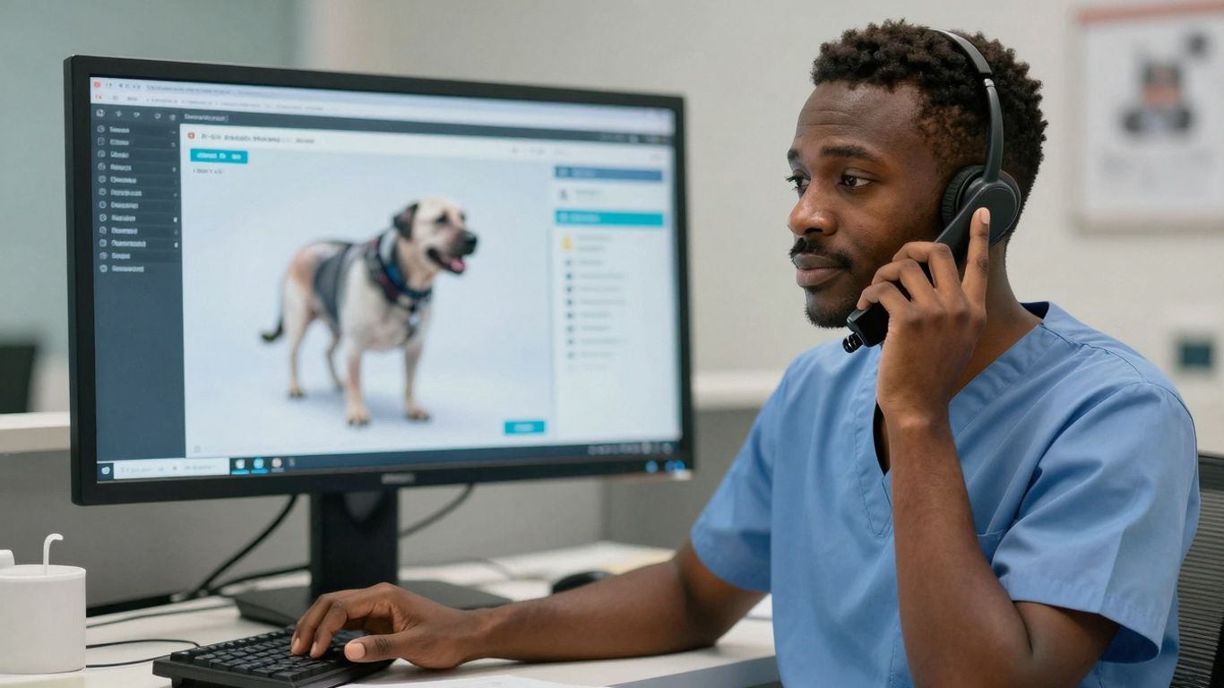 Veterinary receptionist on headset, computer screen visible.