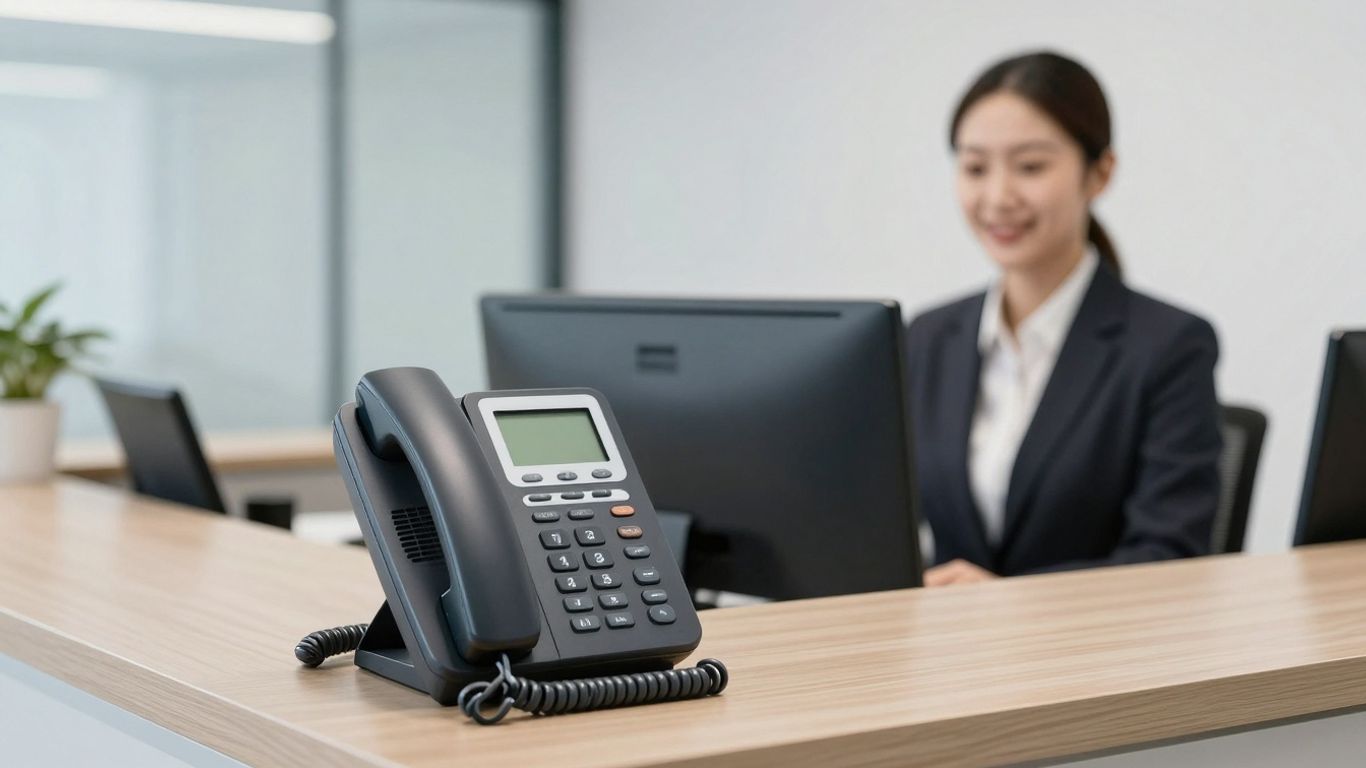 Modern reception desk with cordless phone and blurred receptionist.