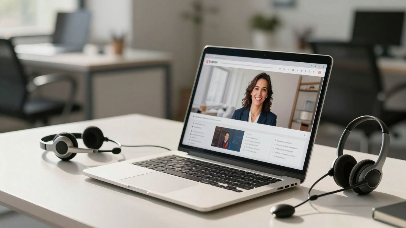 Virtual receptionist software on a laptop screen.