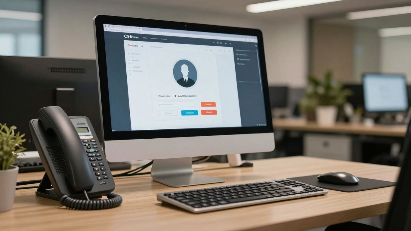VoIP phone on an office desk with a computer.