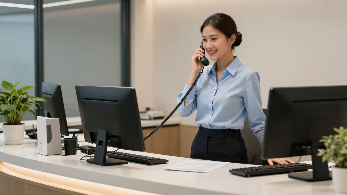 Receptionist professionally handling a phone call at a desk.