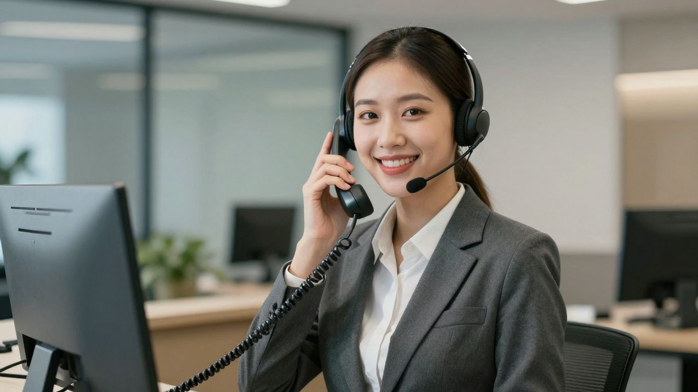 Receptionist handling a phone call with a headset.