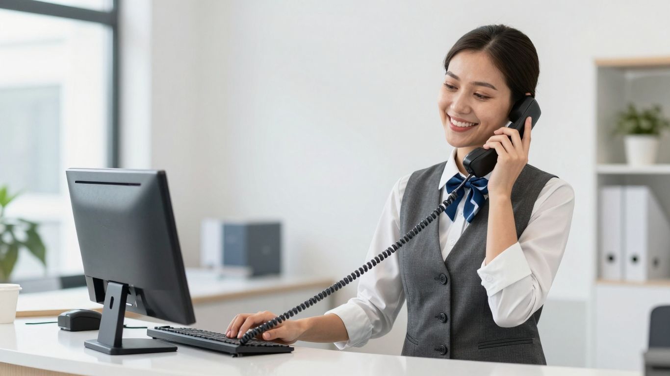 Receptionist answering a phone with a smile.