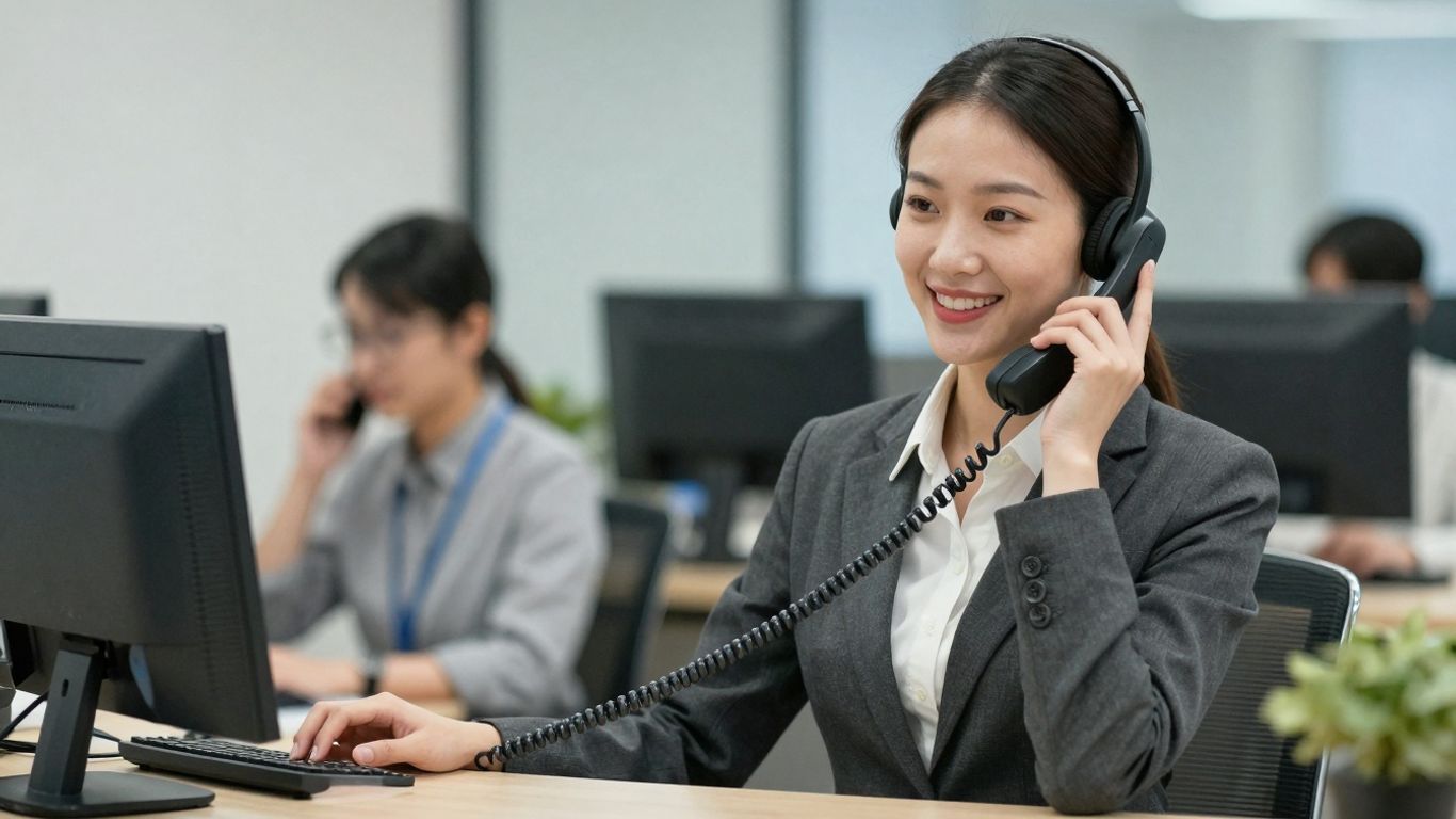 Receptionist answering a phone call with a headset.