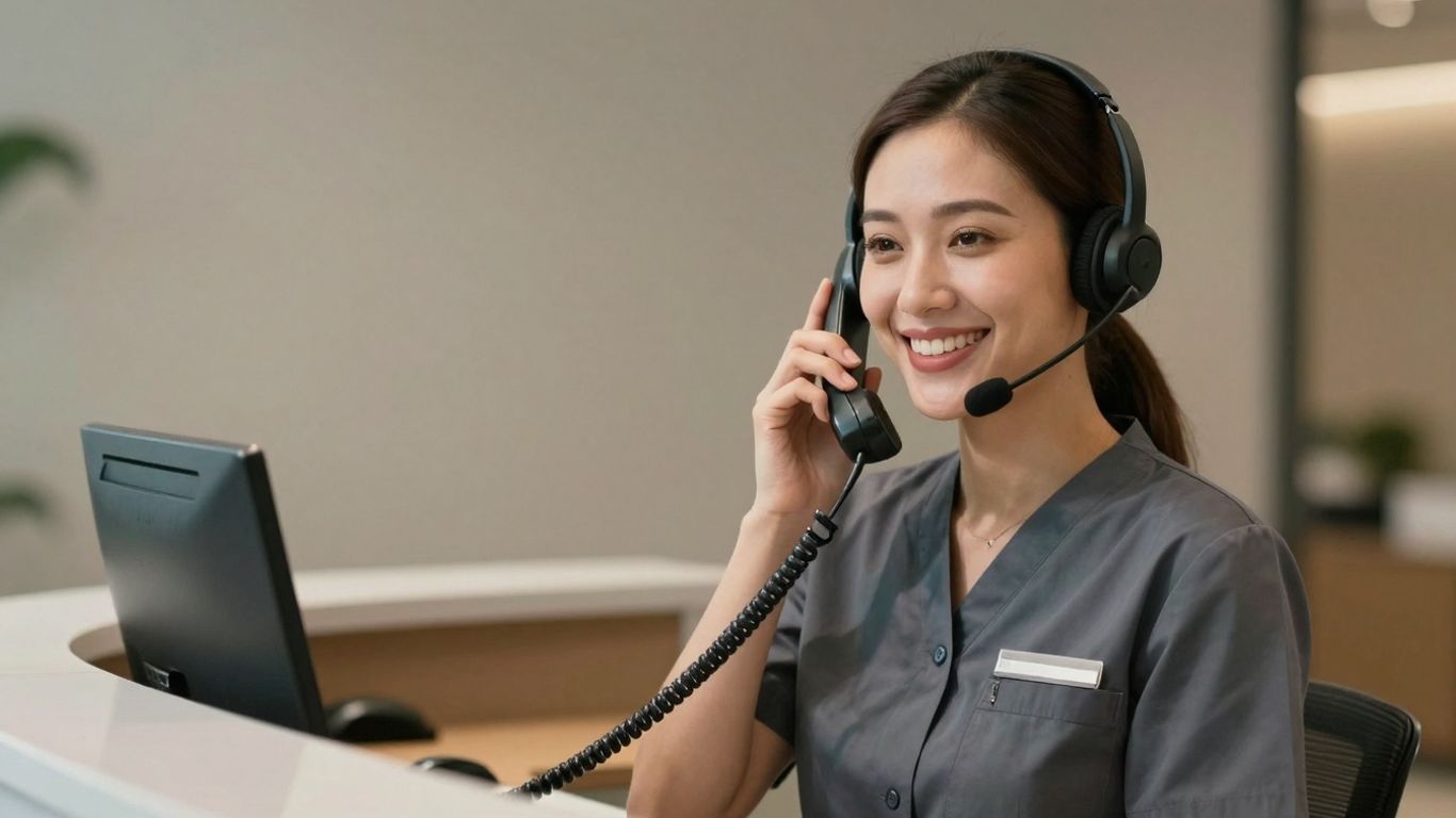 Medical receptionist on the phone with headset.