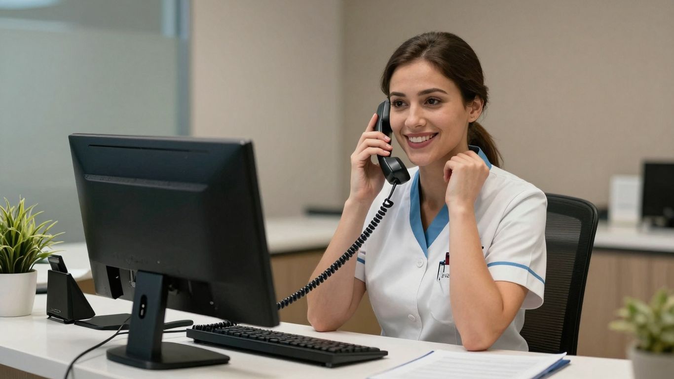 Medical receptionist on the phone with a patient.