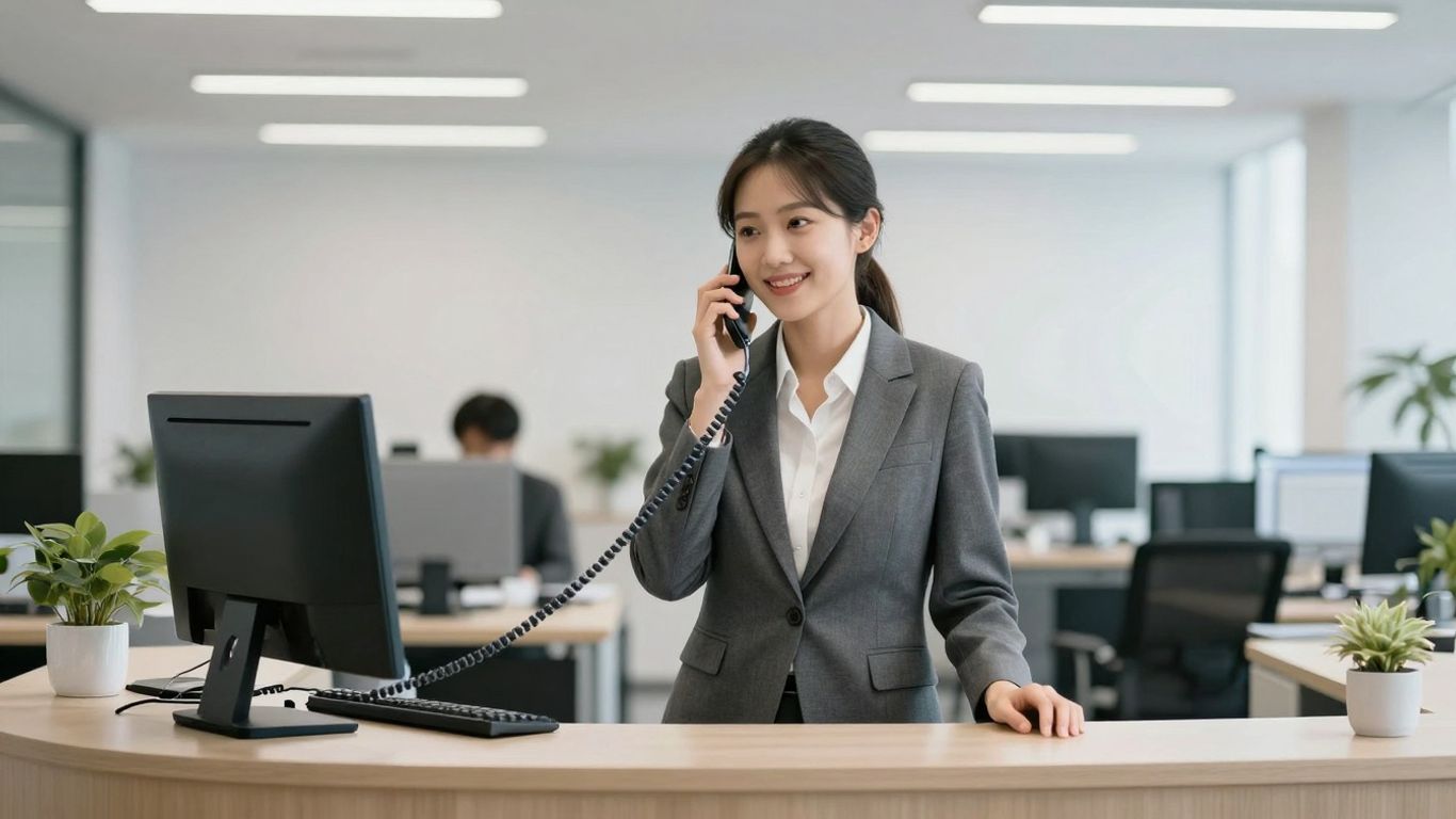 Professional receptionist handling a business call in a modern office.