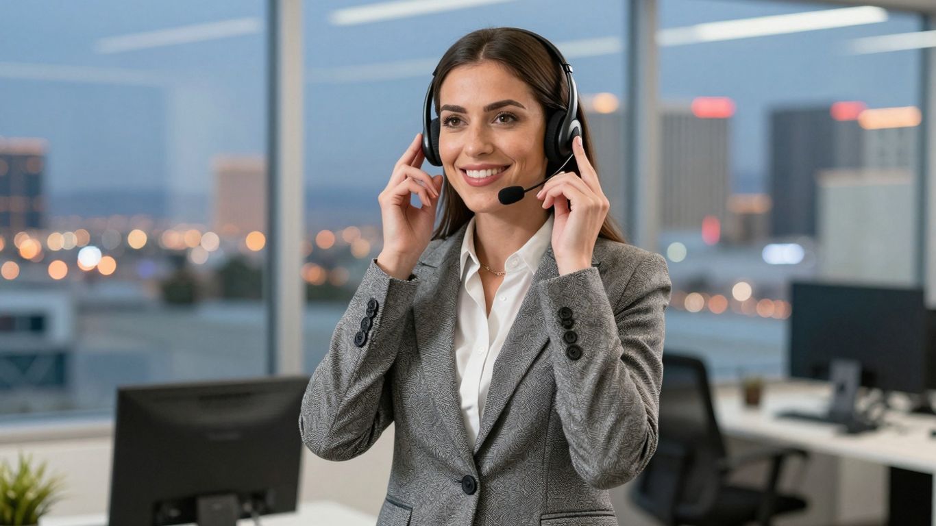 Professional receptionist with headset in Las Vegas office.