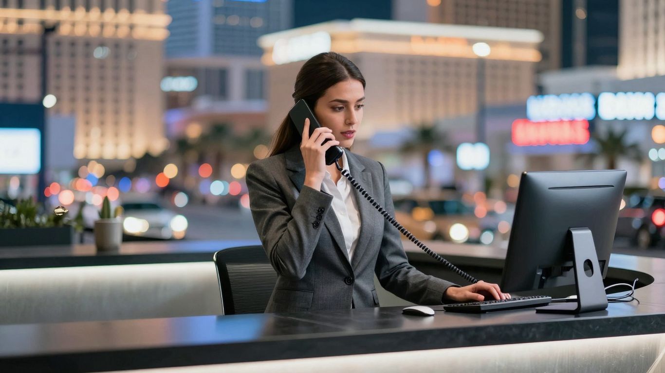 Professional receptionist at a desk in Las Vegas.