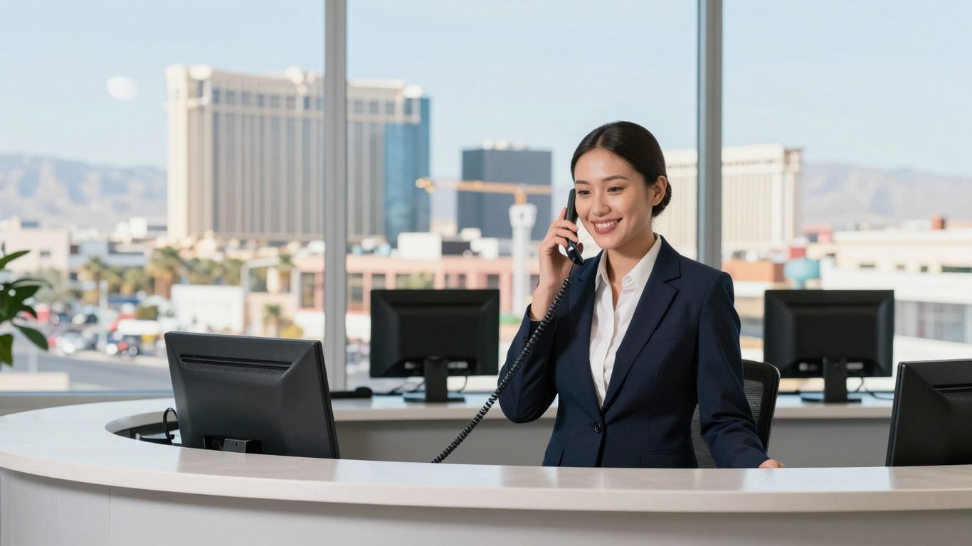 Las Vegas receptionist working in a modern office.