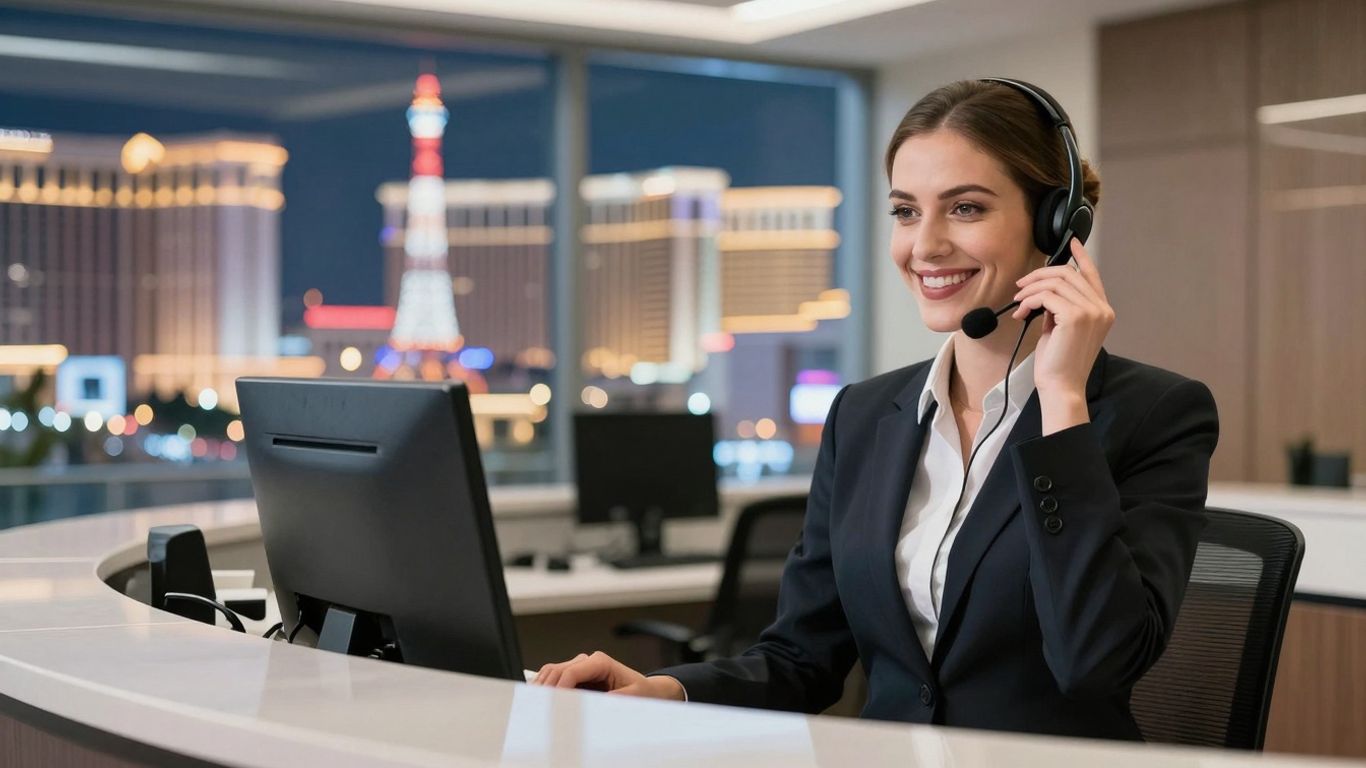 Receptionist in Las Vegas office with city skyline.