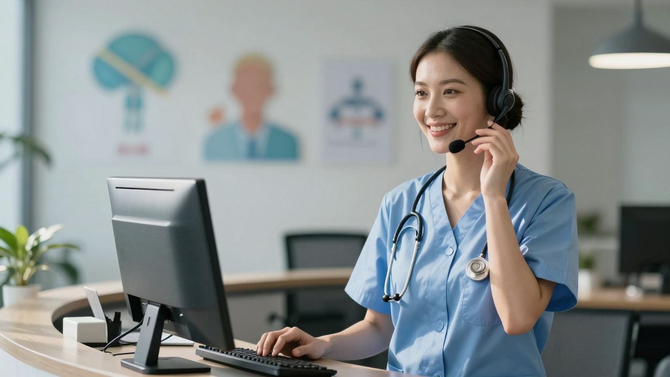 Medical receptionist using a headset for phone calls.