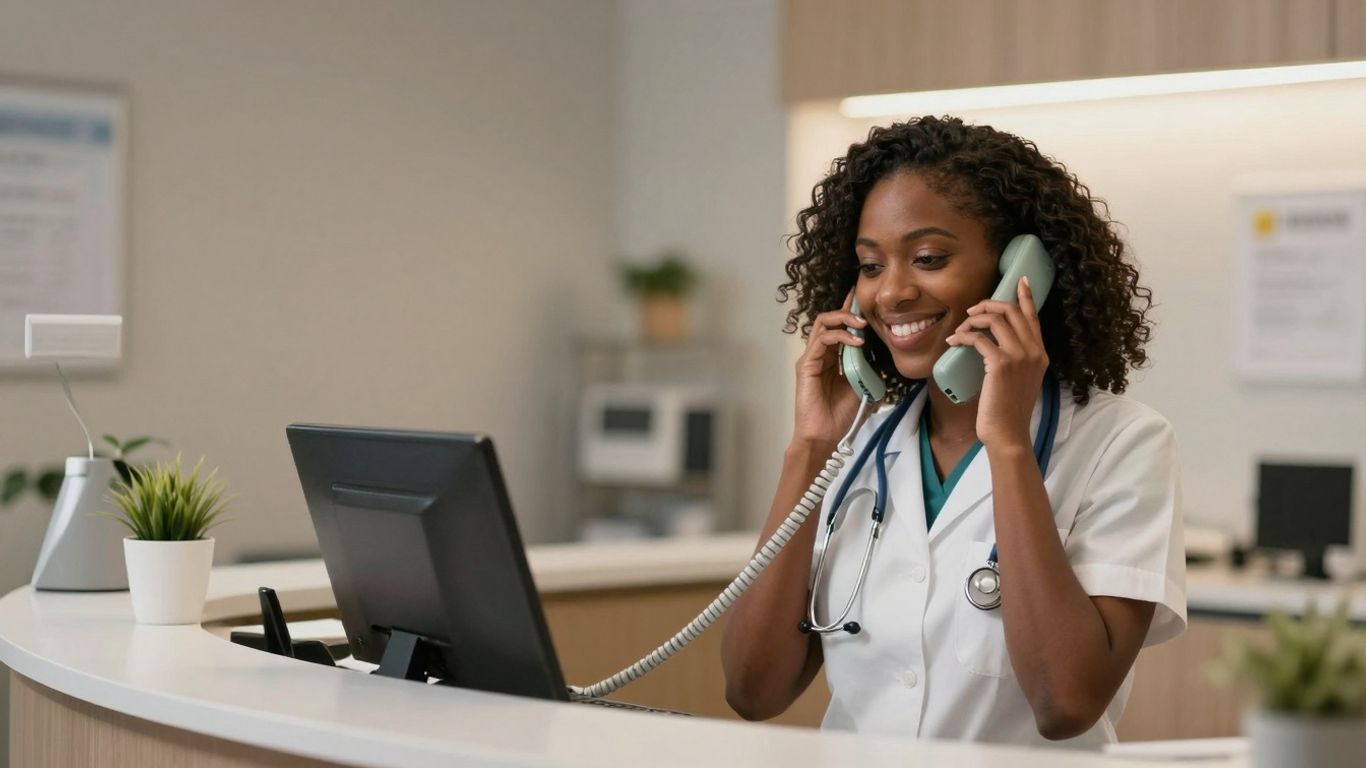 Medical receptionist answering a phone call in an office.