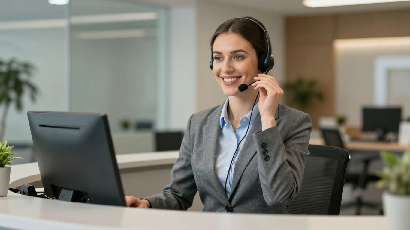 Medical receptionist on phone in a clinic.