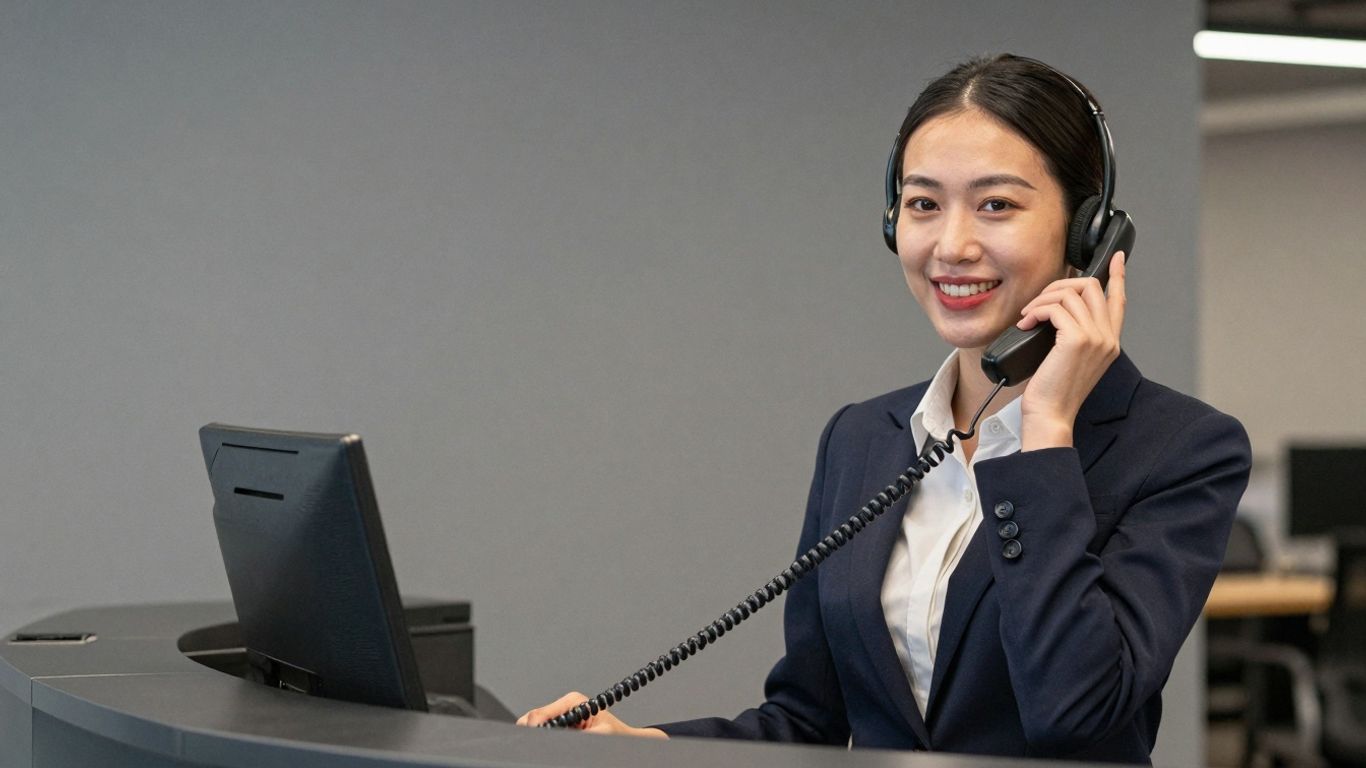 Receptionist answering a phone with a headset on.
