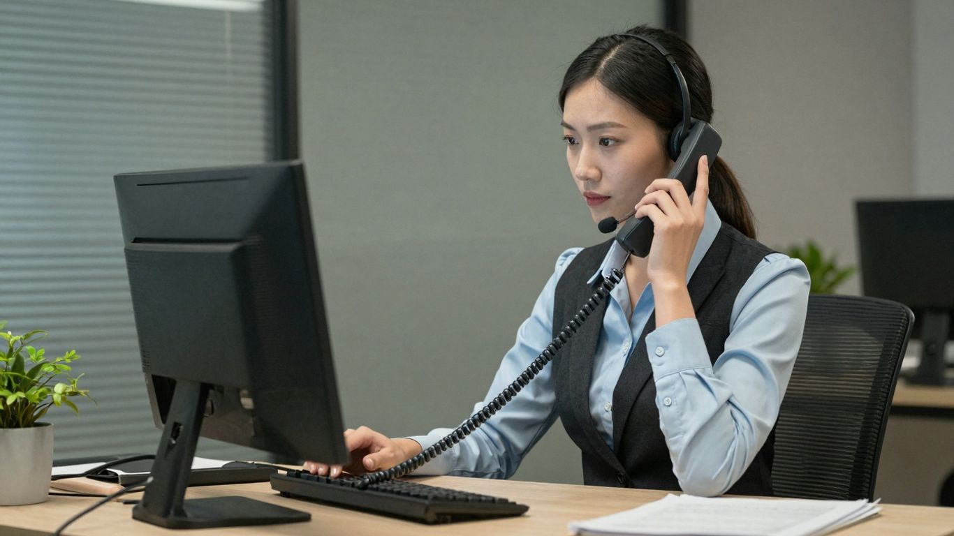 Receptionist with headset answering phone at desk.
