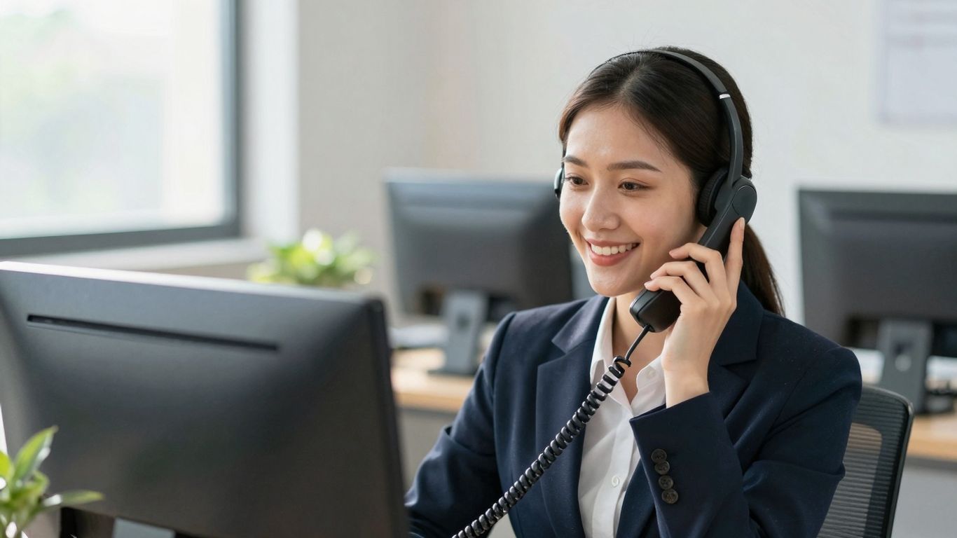 Receptionist with headset answering a phone call professionally.