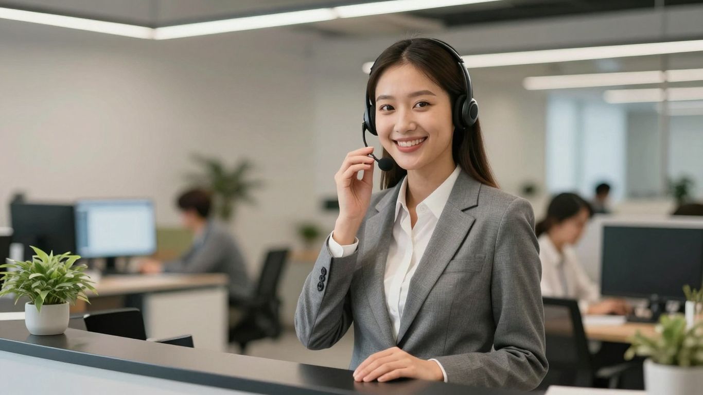 Friendly receptionist with headset, ready to assist.