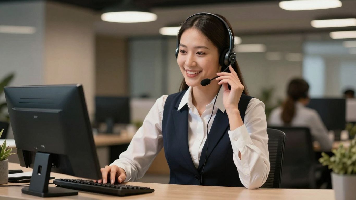 Receptionist answering a phone call with a smile.