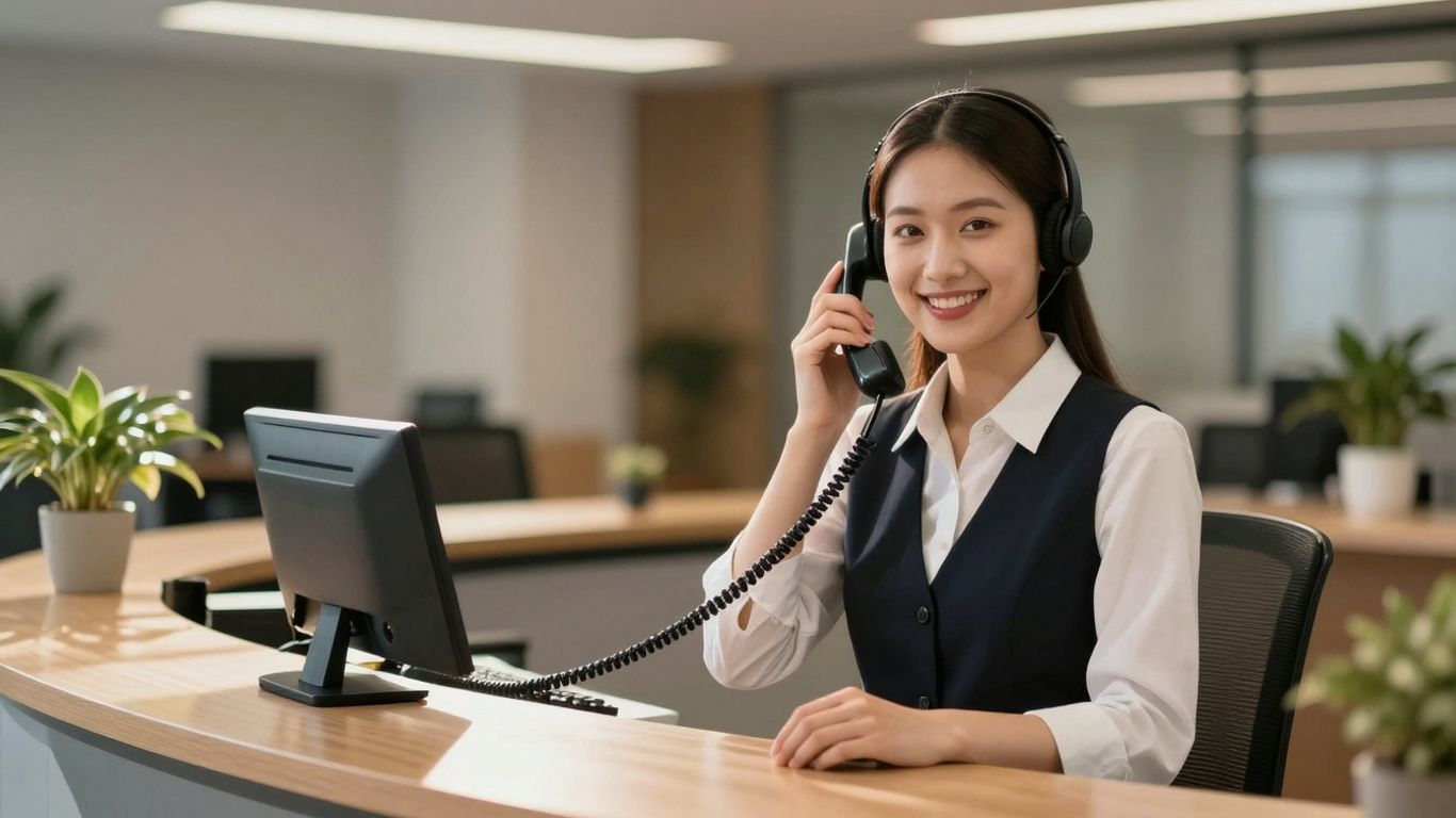 Receptionist answering a phone with a professional smile.