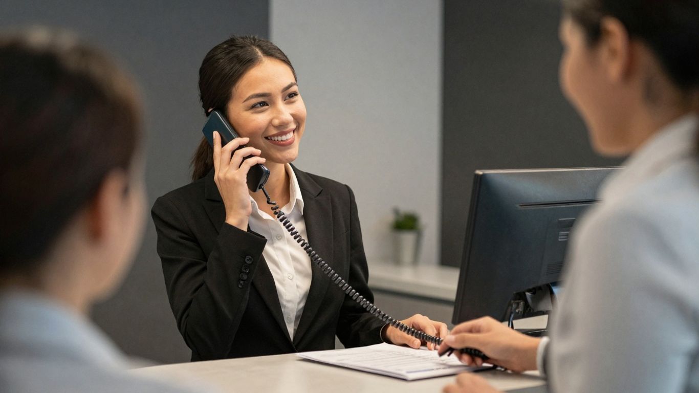 Receptionist smiling while answering a phone call.