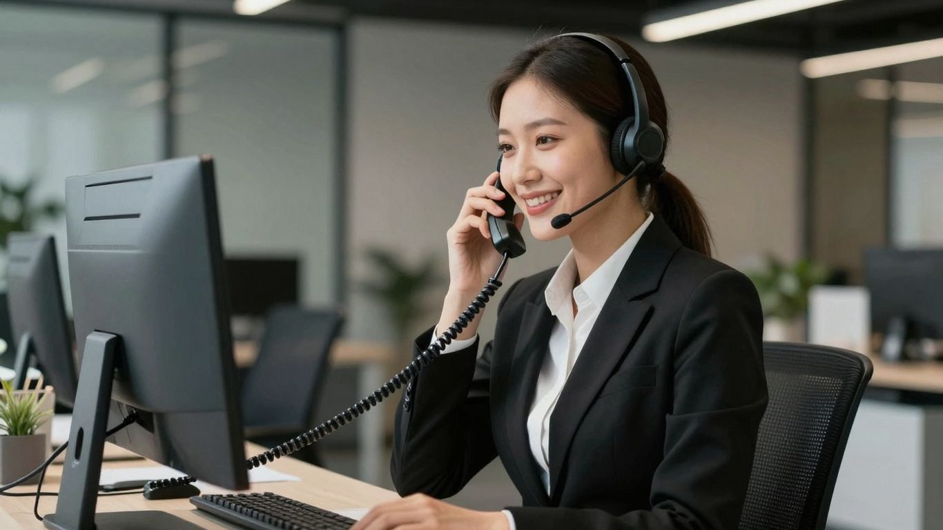 Professional receptionist with headset answering phone in office.