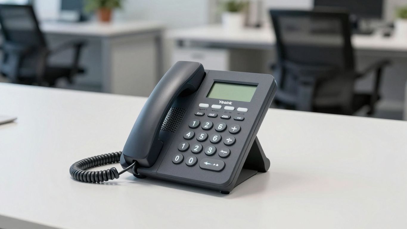Yealink receptionist phone on an office desk.