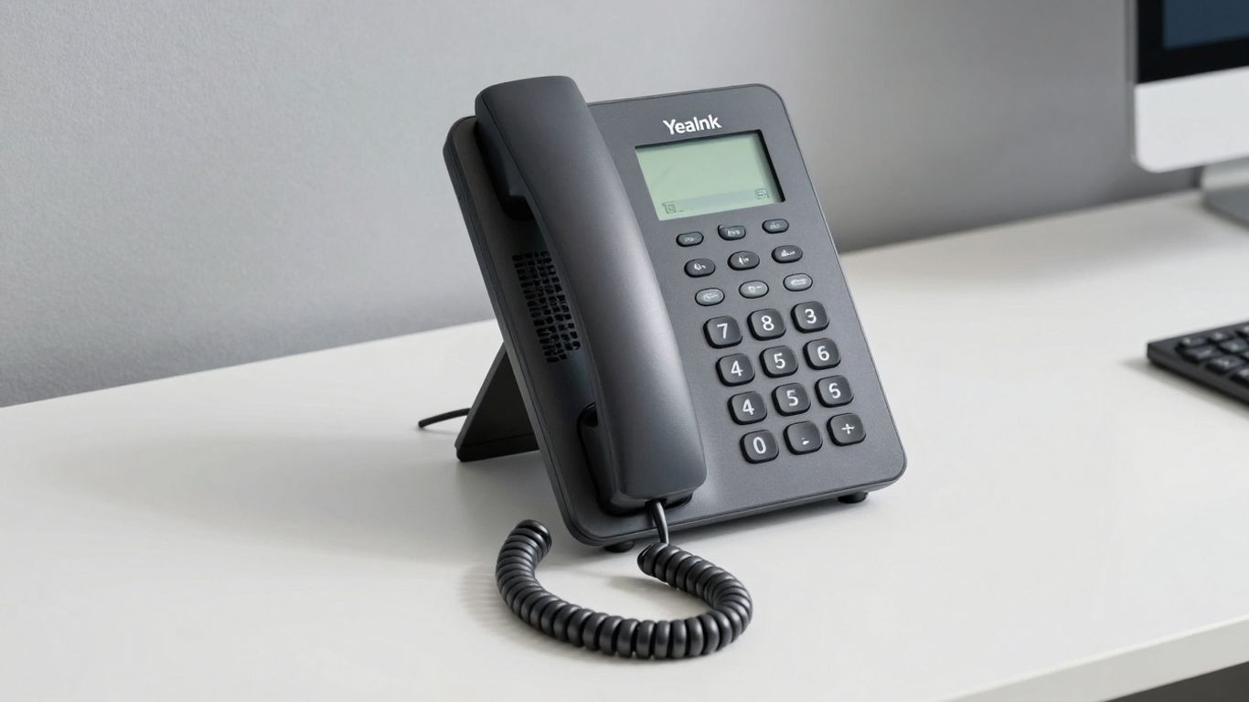 Yealink receptionist phone on a modern office desk.