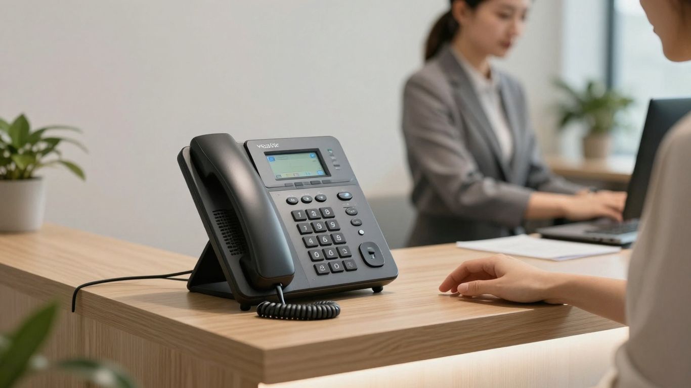 Sleek Yealink receptionist phone on an office desk.