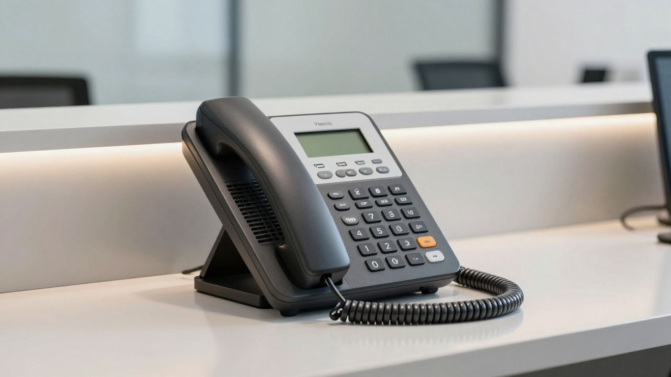 Yealink receptionist phone on an office desk.