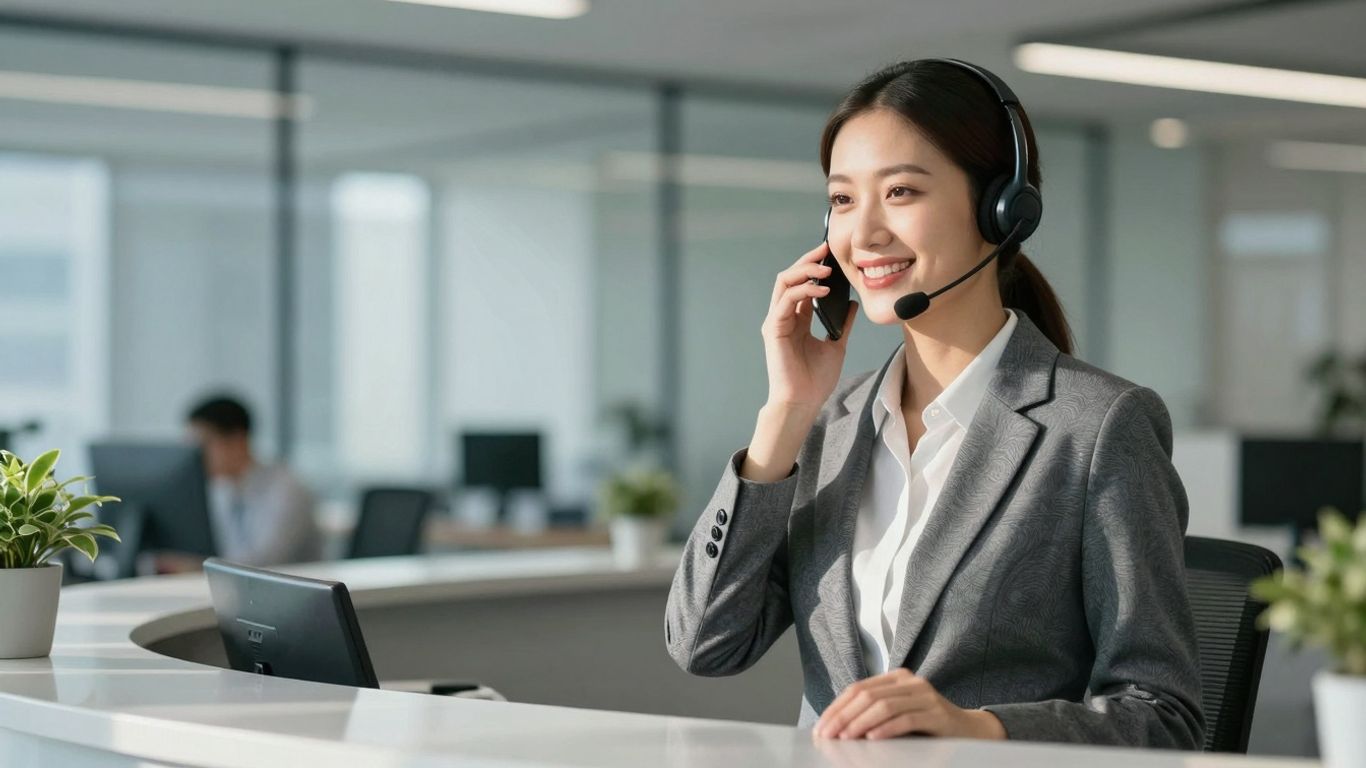 Receptionist answering a phone with a smile.