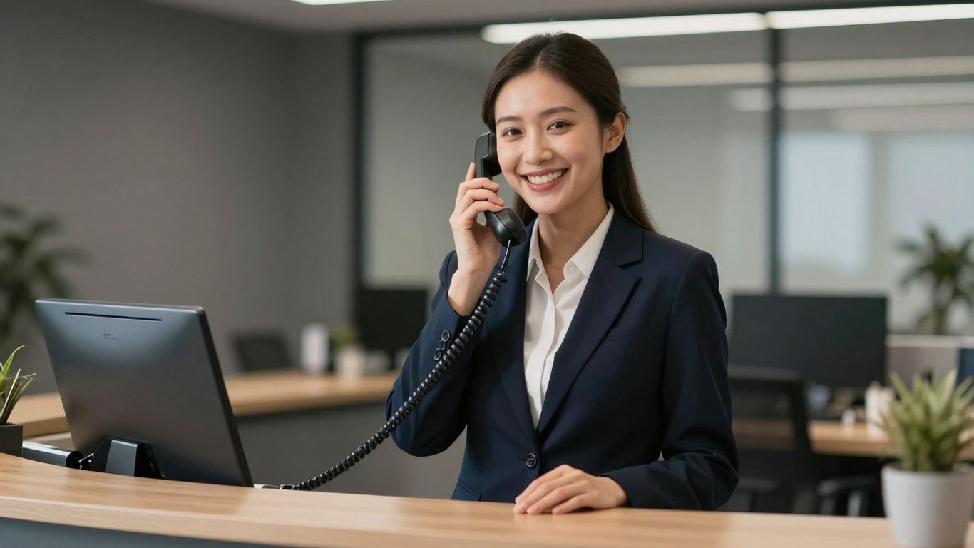 Receptionist answering phone with a smile.