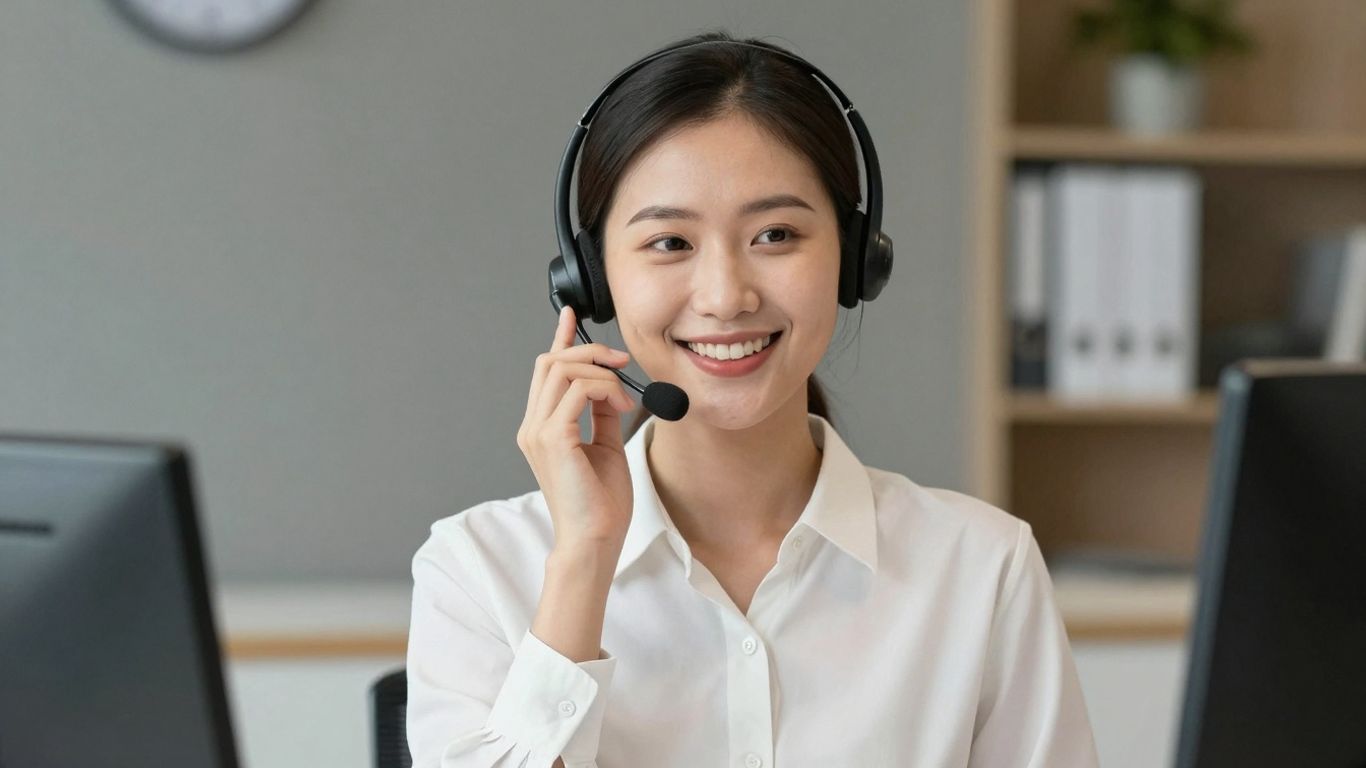 Receptionist answering phone with a smile.