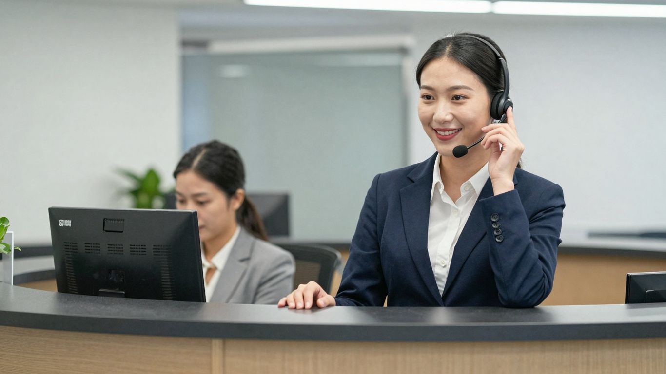 Receptionist answering phone with a smile.