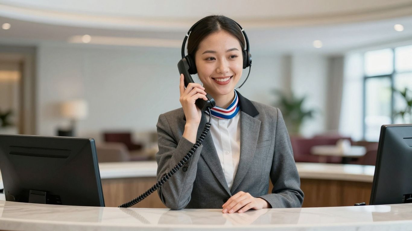 Hotel receptionist answering a phone call with a smile.