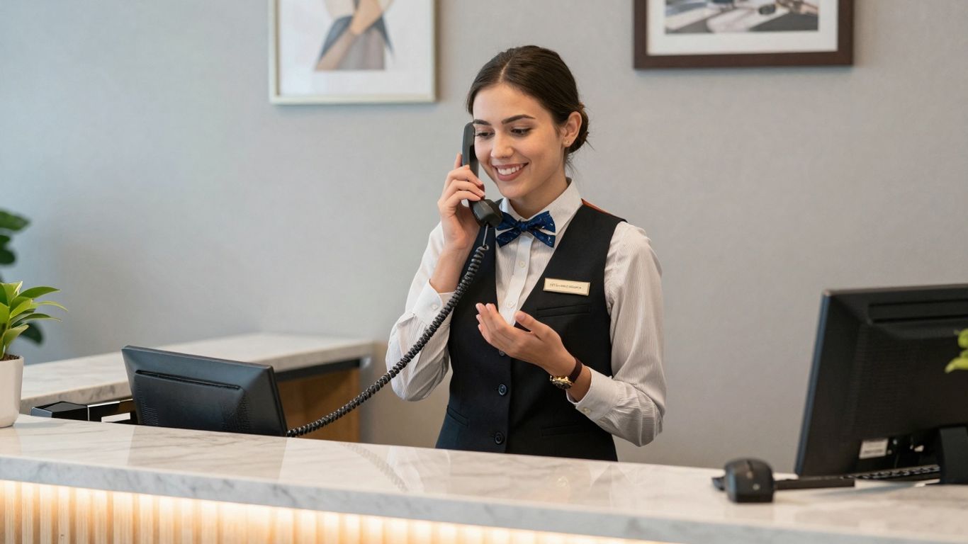 Hotel receptionist answering a phone call professionally.